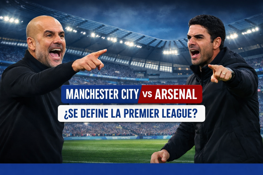 Pep Guardiola y Mikel Arteta dan instrucciones durante el partido Manchester City vs Arsenal, en un duelo clave por la Premier League con pronósticos y apuestas deportivas en CamanBet.