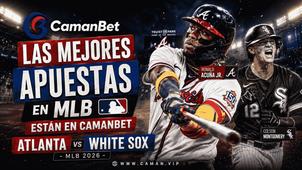 Acción de juego en el estadio de Atlanta — bateador en posición, tribuna llena de fondo.